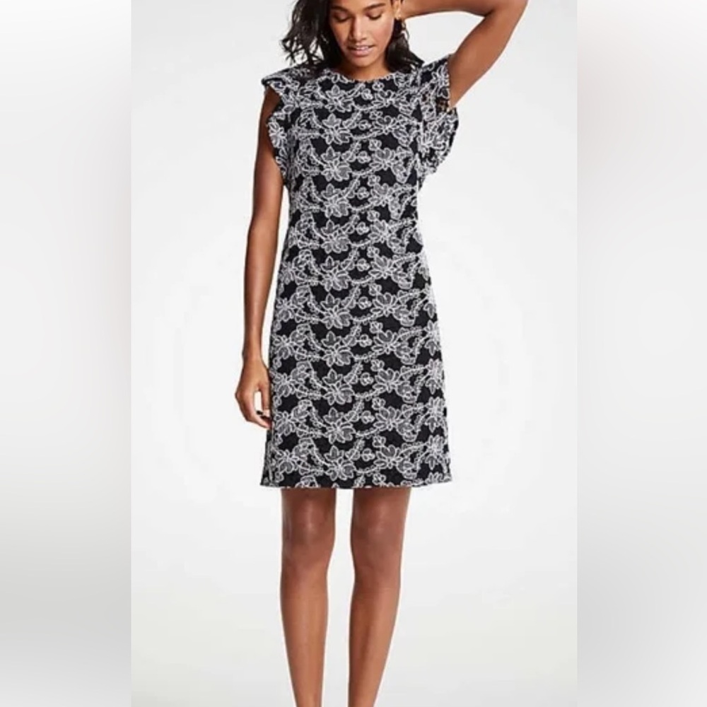 Ann Taylor Lace Black Dress with White Embroidery